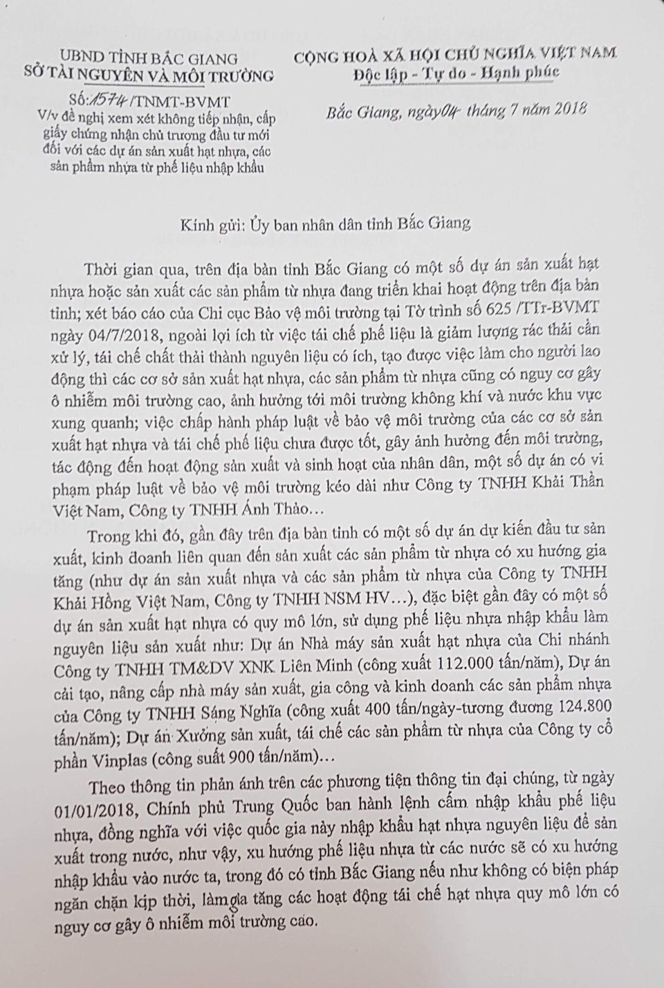 Sở TN&MT Bắc Giang làm gì để chặn nguy cơ tràn ngập phế liệu nhập khẩu? - 1
Sở TN&MT tỉnh Bắc Giang báo cáo UBND tỉnh Bắc Giang.