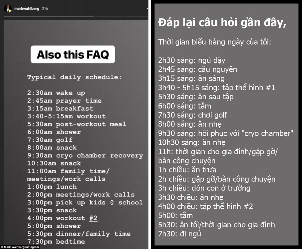 “Phát hoảng” với đời sống của tài tử cơ bắp - 2 Mark Wahlberg vừa chia sẻ thời gian biểu của mình trên mạng xã hội