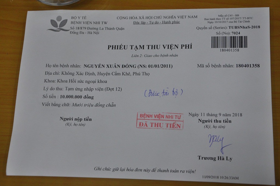 Bé Duy Dương bị dập phổi được bạn đọc giúp đỡ hơn 86 triệu đồng - 5 Số tiền được đóng vào viện phí cho cháu.