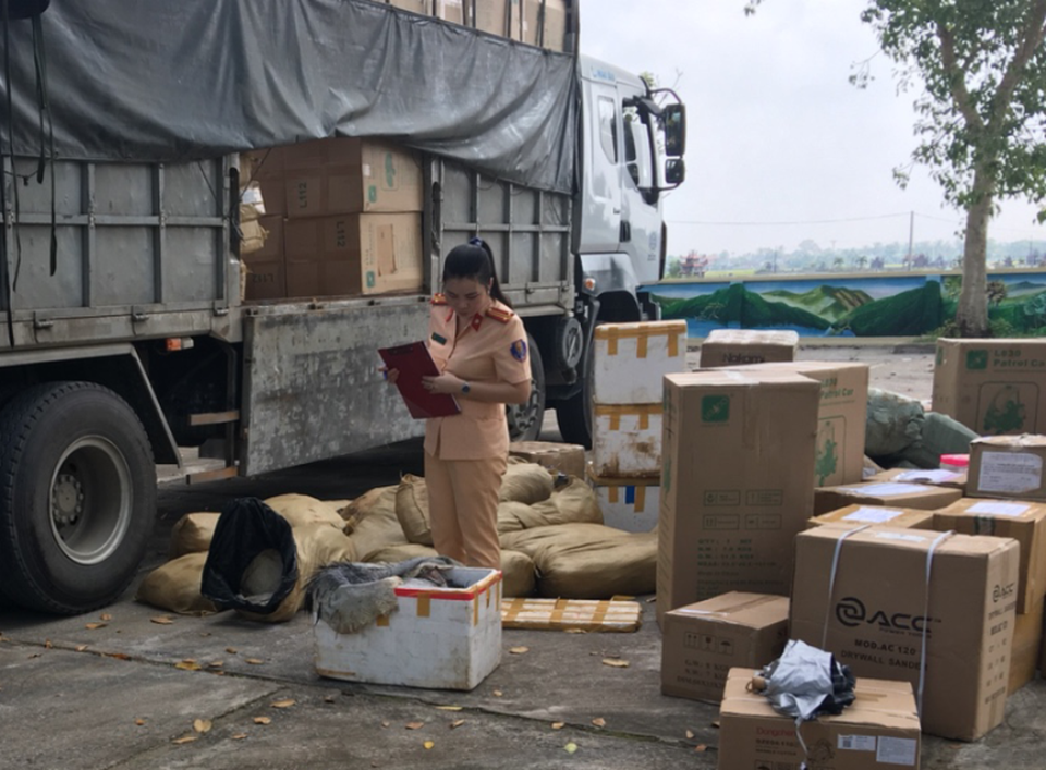 Vận chuyển hơn 1,2 tấn da đà điểu không giấy tờ vào TP.Hồ Chí Minh tiêu thụ - 1 CSGT kiểm tra, phát hiện hơn 1,2 tấn da đà điểu trên xe tải