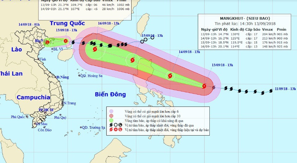 Bão số 5 suy yếu thành áp thấp nhiệt đới, siêu bão Mangkhut sắp vào Biển Đông - 1 Vị trí, hướng di chuyển của áp thấp nhiệt đới (ảnh nhỏ) và siêu bão Mangkhut (Ảnh: NCHMF).