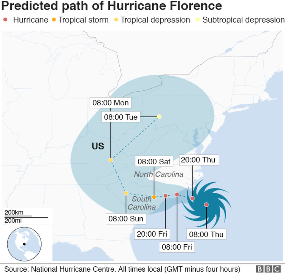 Siêu bão “quái vật” Florence bắt đầu đổ bộ vào Mỹ - 1 Đồ họa đường đi của bão Florence. Dự kiến bão sẽ tiến sâu vào đất liền trong ngày 14/9 và sáng này 15/9. (Đồ họa: BBC)