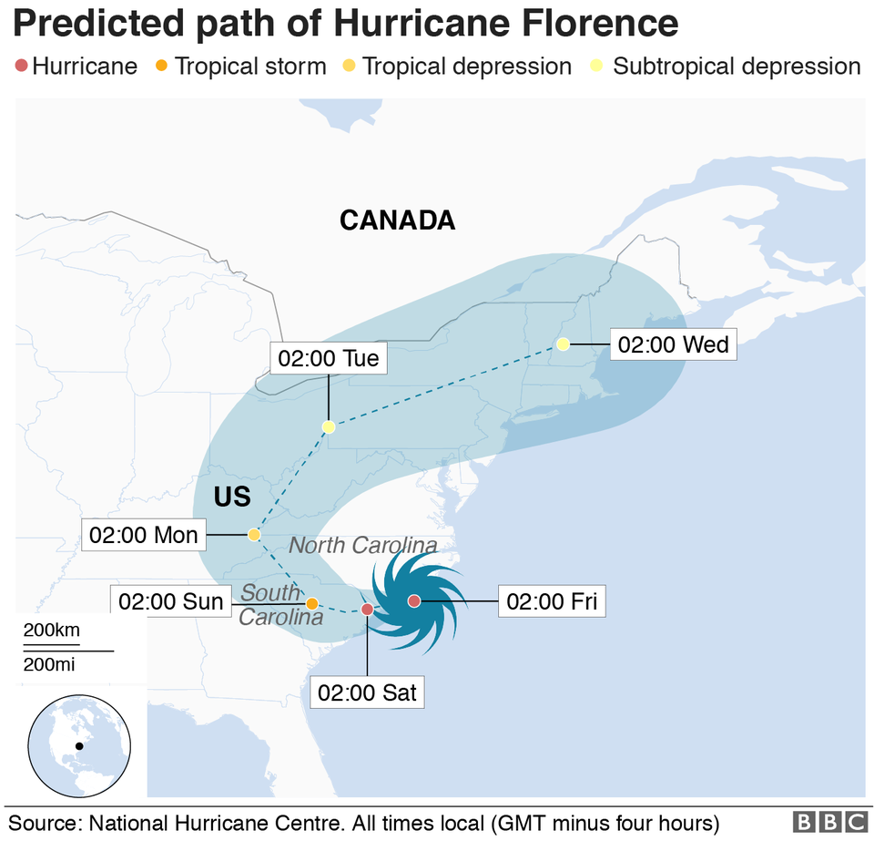 Siêu bão Florence càn quét bờ biển Mỹ, đường phố biến thành sông - 1
Đồ họa mô phỏng đường đi của siêu bão Florence. Vào sáng sớm ngày 14/9 giờ địa phương, cơn bão này đã bắt đầu đổ bộ vào các khu vực ven biển ở bang Bắc Carolina và Nam Carolina.