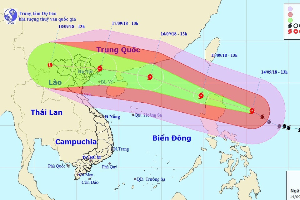 Siêu bão Mangkhut sẽ ảnh hưởng trực tiếp 27 tỉnh phía Bắc và Thanh Hóa - 3 Vị trí và hướng di chuyển của siêu bão Mangkhut. (Ảnh: NCHMF).