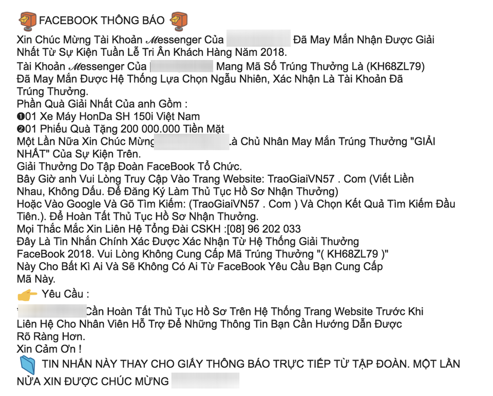 Thông báo trúng thưởng qua tin nhắn Facebook: Chỉ là mánh khoé lừa đảo - 1 Tin nhắn lừa đảo ngày càng rầm rộ