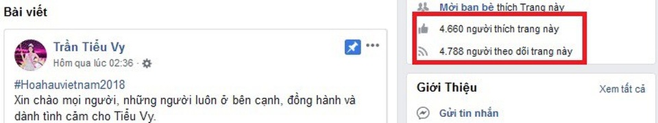 Hoa mắt trước "cơn sốt" tạo Facebook giả mạo Hoa hậu Trần Tiểu Vy - 2 Trang Facebook giả mạo Trần Tiểu Vy thu hút gần 5 ngàn lượt “Thích” chỉ sau ít giờ được lập ra