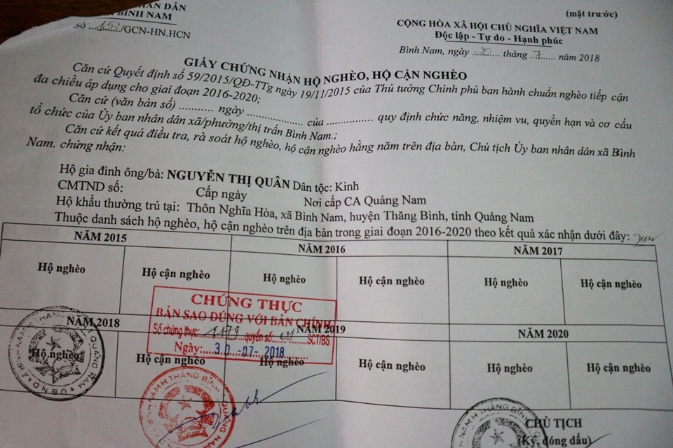 Giấy xác nhận hoàn cảnh khó khăn, đơn thân của bà Quân