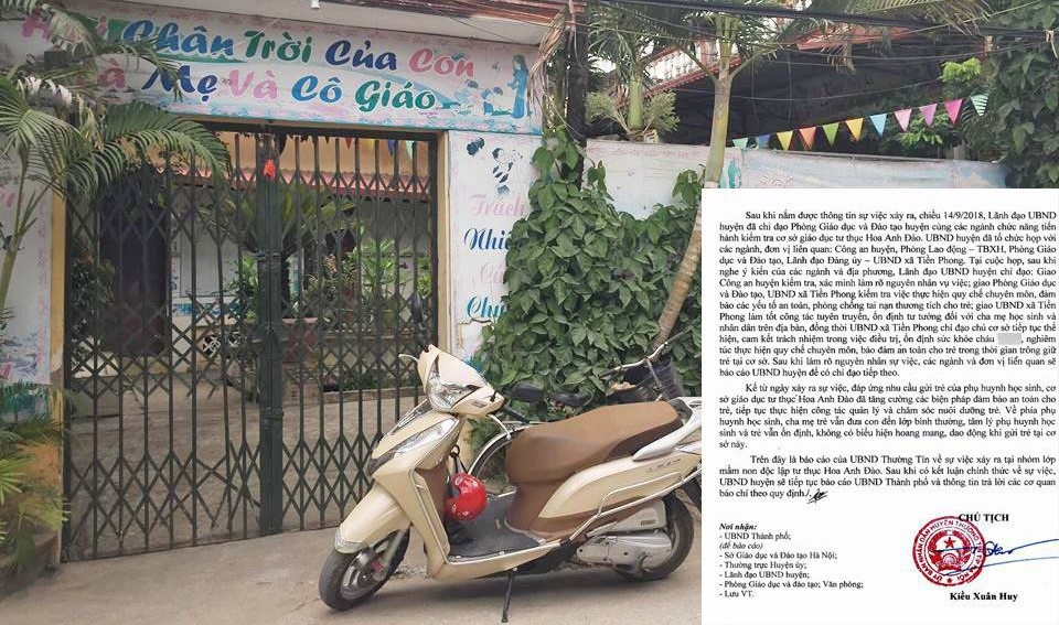 Hà Nội: Báo cáo UBND thành phố vụ bé trai bị rách bộ phận sinh dục khi chơi ở lớp - 1 Cơ sở giáo dục mầm non độc lập tư thục Hoa Anh Đào (thôn Thượng Cung, xã Tiền Phong) của bà Lê Thị Mỹ là cơ sở đã được cấp phép hoạt động từ năm 2014.