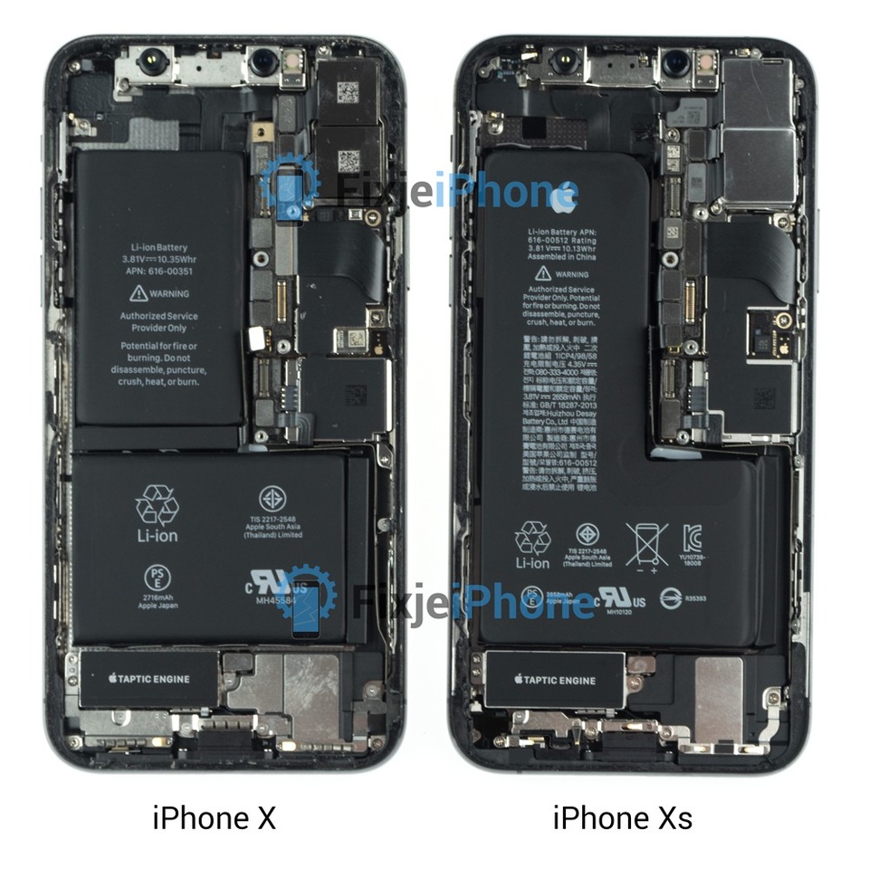 iPhone XS có thỏi pin nhỏ hơn iPhone X, vẫn cho thời lượng sử dụng lâu hơn - 1 Ảnh so sánh sự khác biệt về linh kiện bên trong iPhone X (trái) và XS (phải). Có thể nhận ra pin trên iPhone X được tách làm 2 phần, trong khi trên XS là một phần duy nhất
