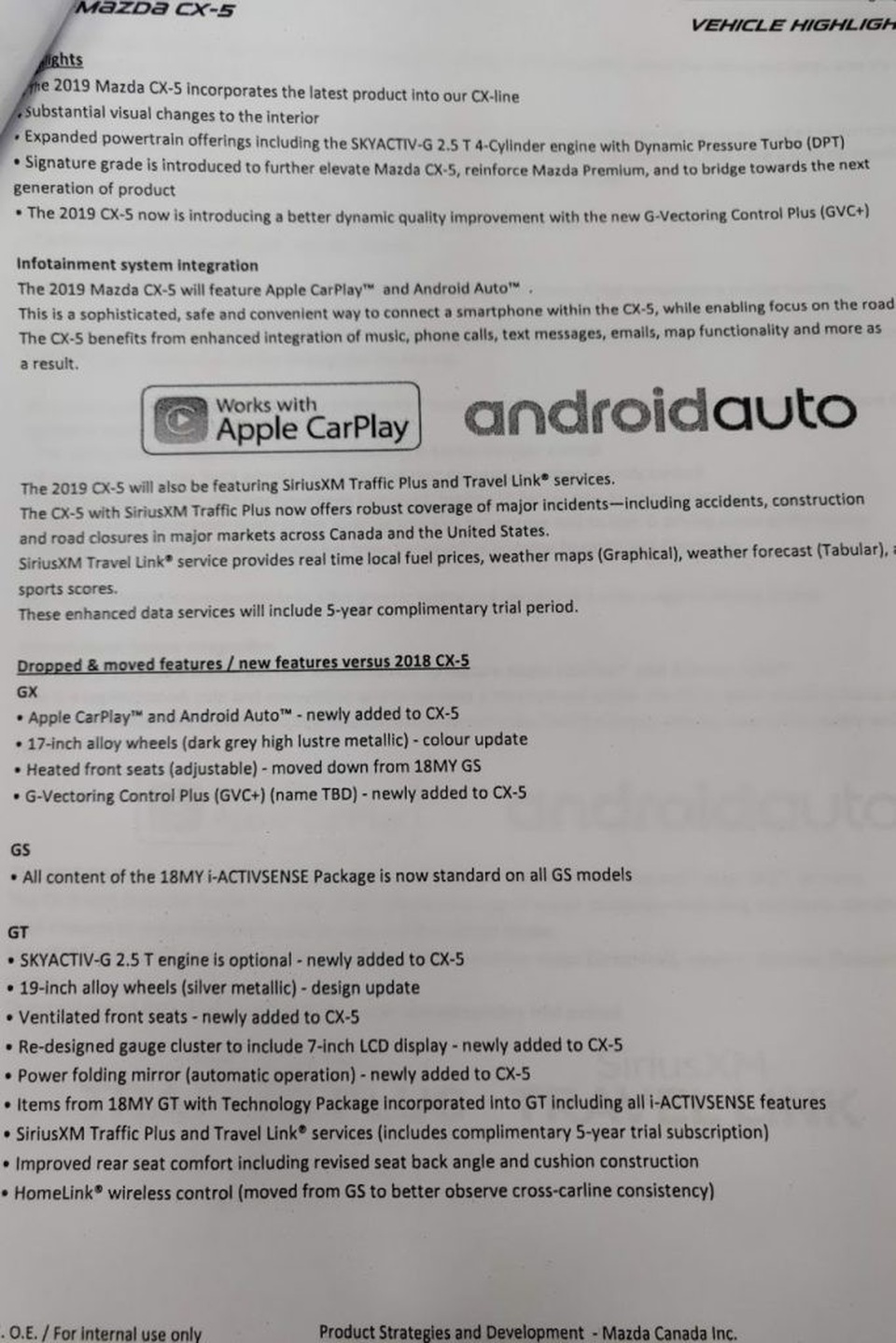 
Bản in chứa thông tin về những thay đổi trên mẫu Mazda CX-5 phiên bản 2019
