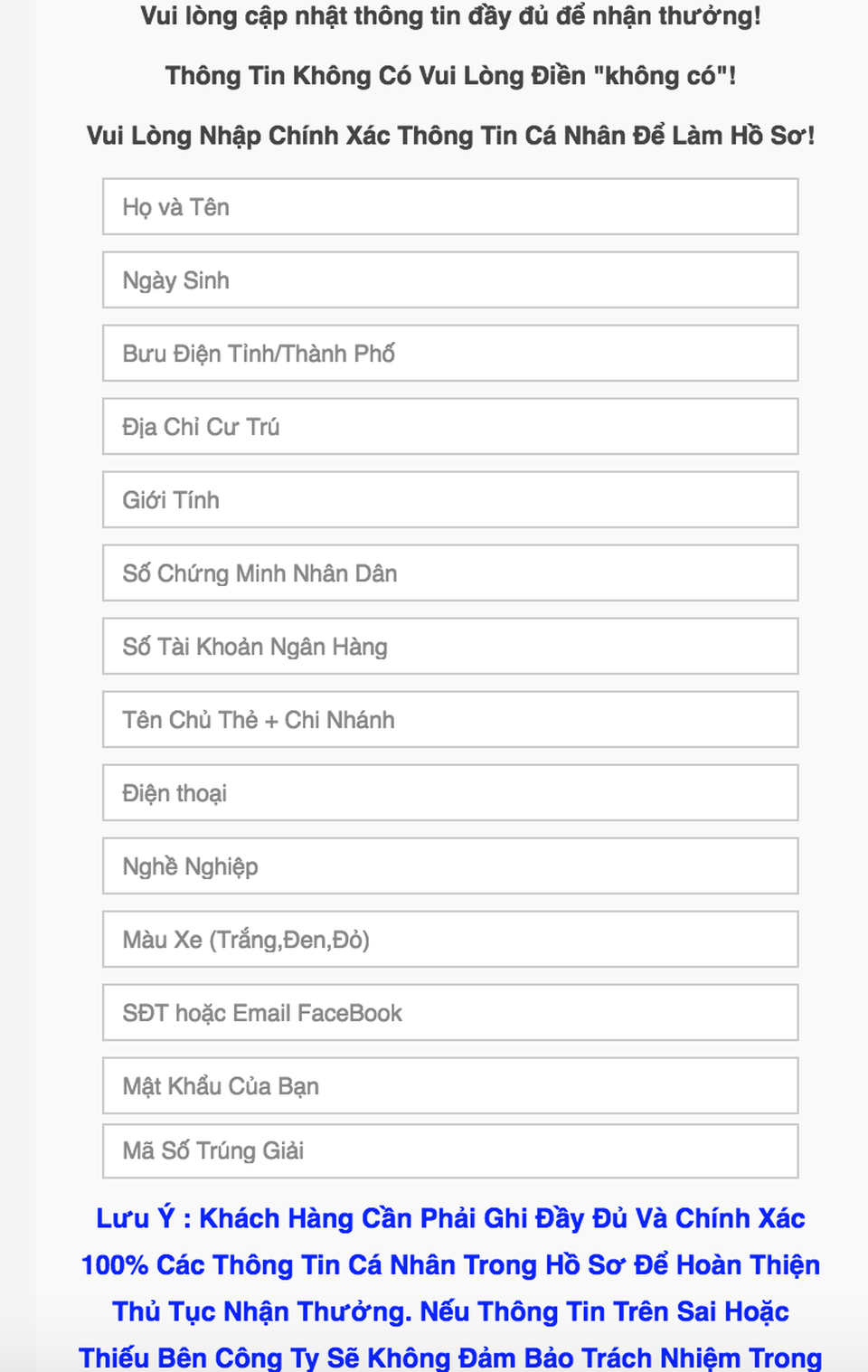 Tái diễn trò lừa đảo tặng xe SH cho người dùng Facebook - 2 Các thông tin mà trang web lừa đảo yêu cầu người được cho trúng giải phải khai báo.