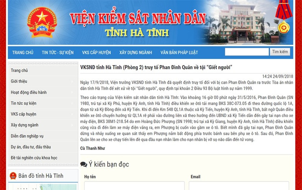 VKSND tỉnh Hà Tĩnh thông tin Quyết định truy tố tội]danh Giết người đối với tài xế Phan Đình Quân