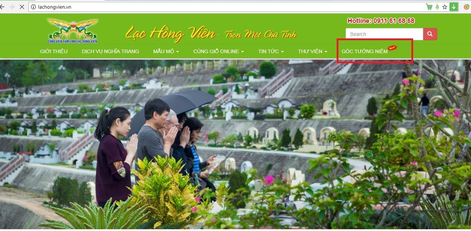 Độc đáo công nghệ thắp hương cho các phần mộ qua mạng internet - 1 Đầu tiên chúng ta truy cập vào địa chỉ: lachongvien.vn sẽ nhìn thấy Góc tưởng niệm bên phải phía trên của màn hình.