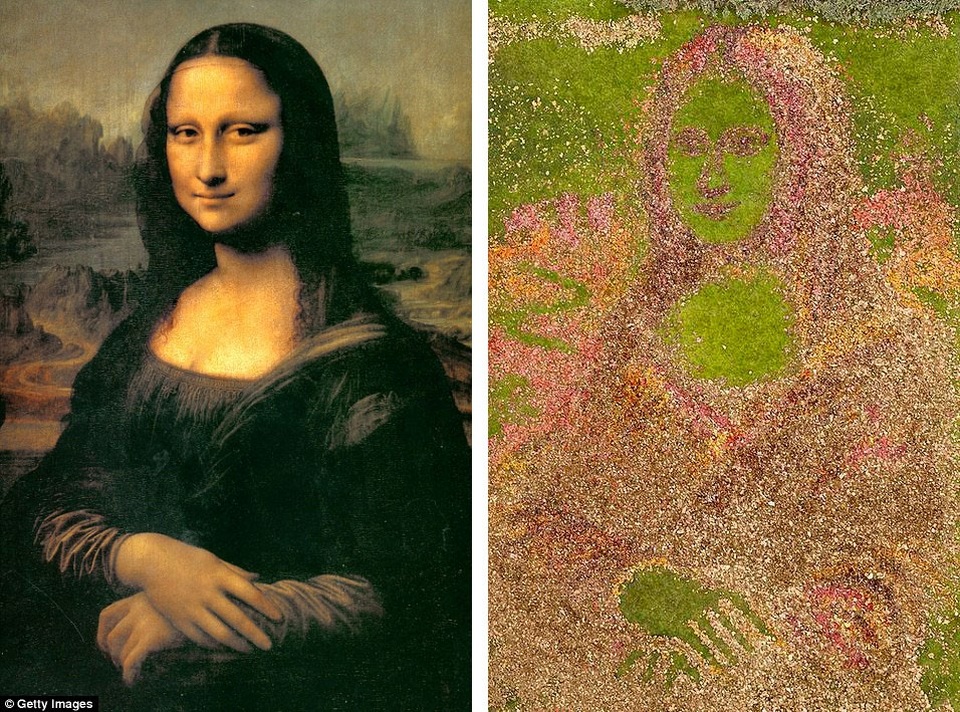 Chân dung nàng Mona Lisa tạo nên từ... lá rụng mùa thu - 3 “Nguyên mẫu” (bên trái) và “phóng tác” (bên phải).