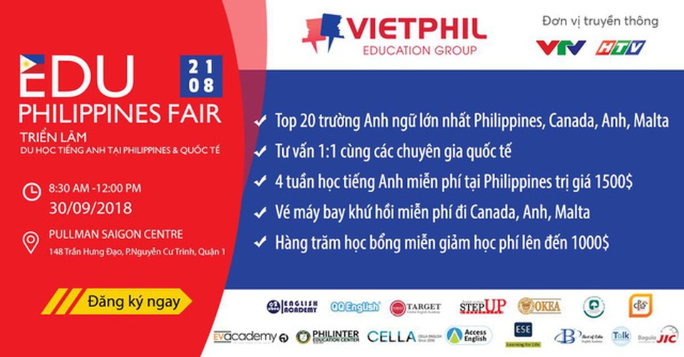Du học Tiếng Anh Philippines: Điểm đến Trường Anh ngữ Target Global English Academy - 3
EduPhilippines Fair 2018 năm nay được tổ chức tại Pullman Saigon Centre vào ngày 30/09/2018 tới đây.