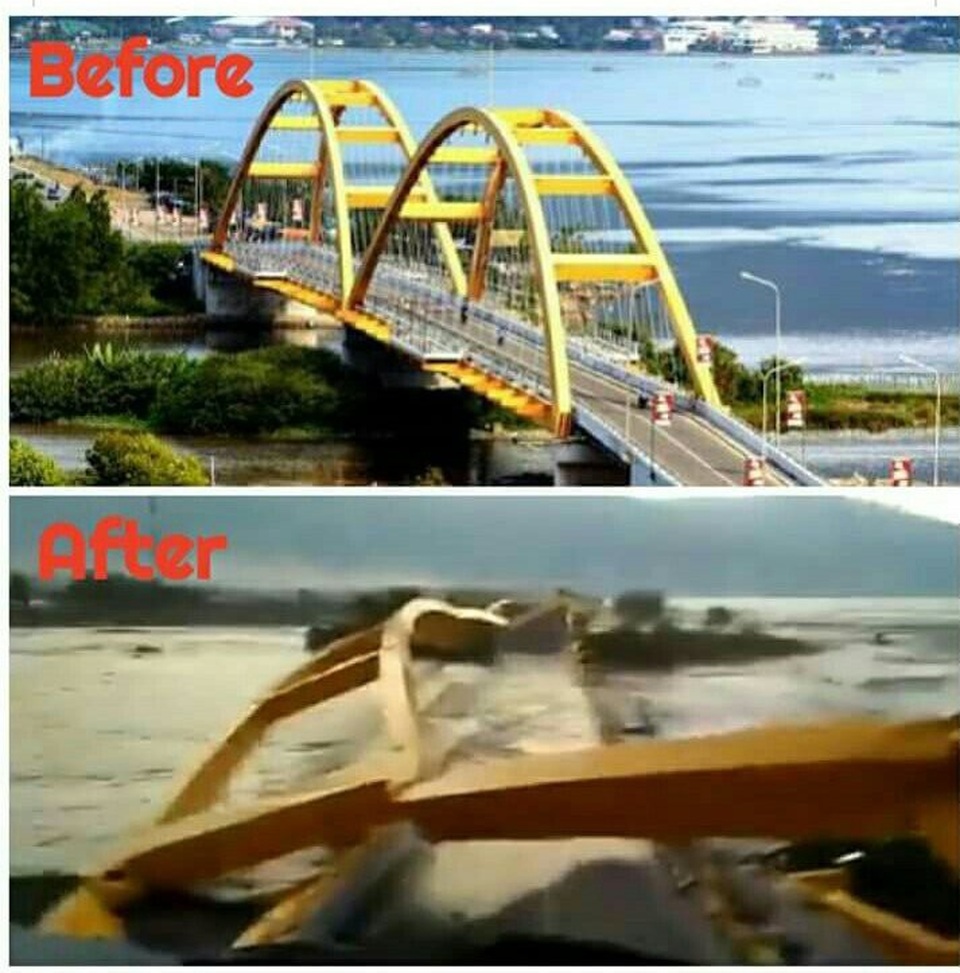 Indonesia tan hoang sau thảm họa động đất, gần 400 người thiệt mạng - 13 Hình ảnh một cây cầu trước và sau khi xảy ra động đất ở Indonesia.