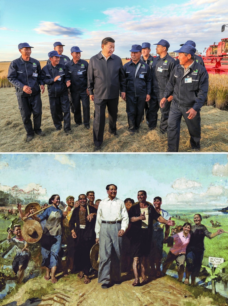 Chủ tịch Trung Quốc Tập Cận Bình đi theo “con đường” Mao Trạch Đông - 1 Ảnh trên: Chủ tịch Tập Cận Bình thị sát vùng Đông Bắc Trung Quốc - Ảnh dưới: Cố lãnh đạo Mao Trạch Đông thăm nông dân Trung Quốc. (Ảnh: Xinhua)
