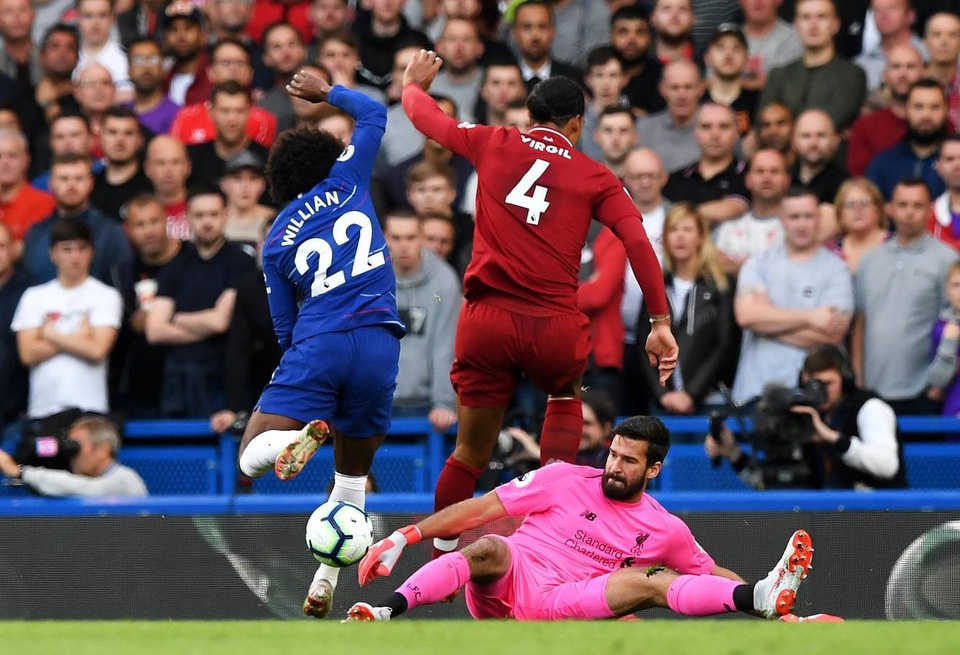 
Thủ thành Alisson phải làm việc vất vả trong hiệp hai khi Chelsea chơi phản công
