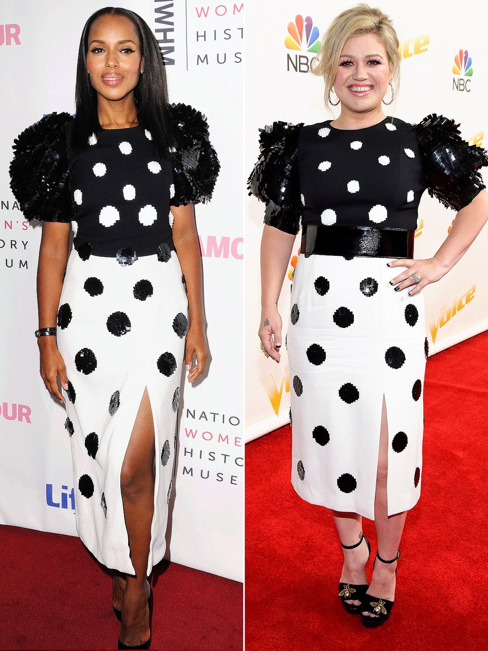 Người đẹp liên tục "đụng hàng" - 12
KERRY WASHINGTON & KELLY CLARKSON tươi tắn với đầm chấm bi Carolina Herrera