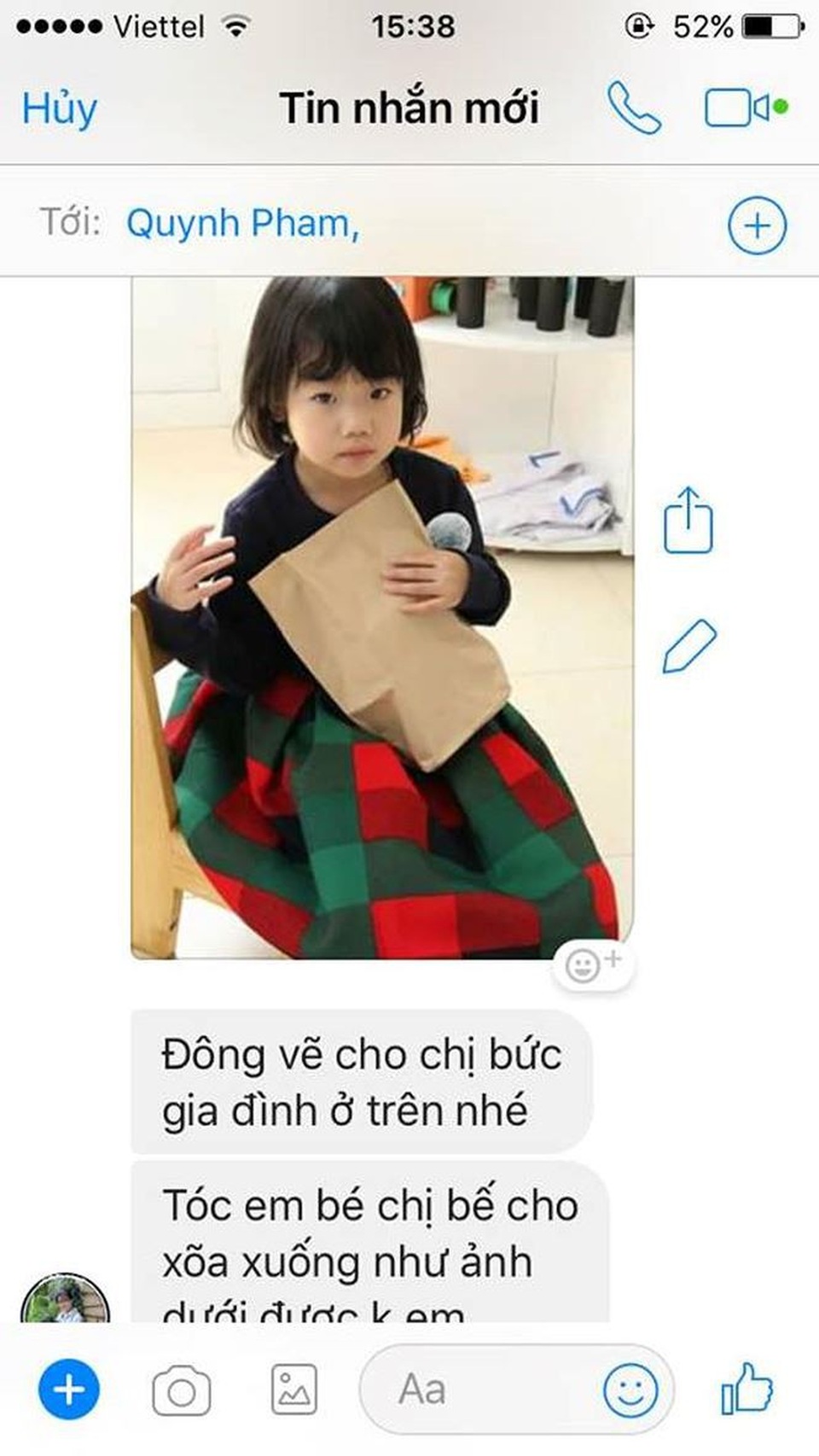 Vụ tranh lụa 3000 USD nghi chữ ký giả: Gia đình cố hoạ sĩ Vũ Giáng Hương nói gì? - 2 Ảnh chụp lại tin nhắn đặt hàng của chị Phạm Quỳnh (mẹ Bảo Khánh, nhân vật bé gái trong bức ảnh) nhờ họa sĩ Nguyễn Đông vẽ chân dung con gái. Ảnh do Nguyễn Đông cung cấp.
