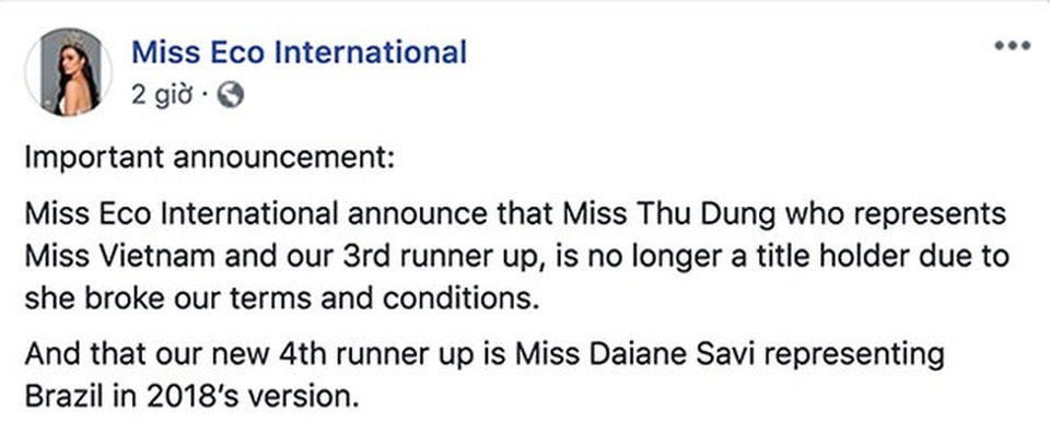 Thư Dung tiếp tục bị tước danh hiệu Á hậu Sinh thái Quốc tế? - 1
Thông báo từ fanpage Miss Eco International.