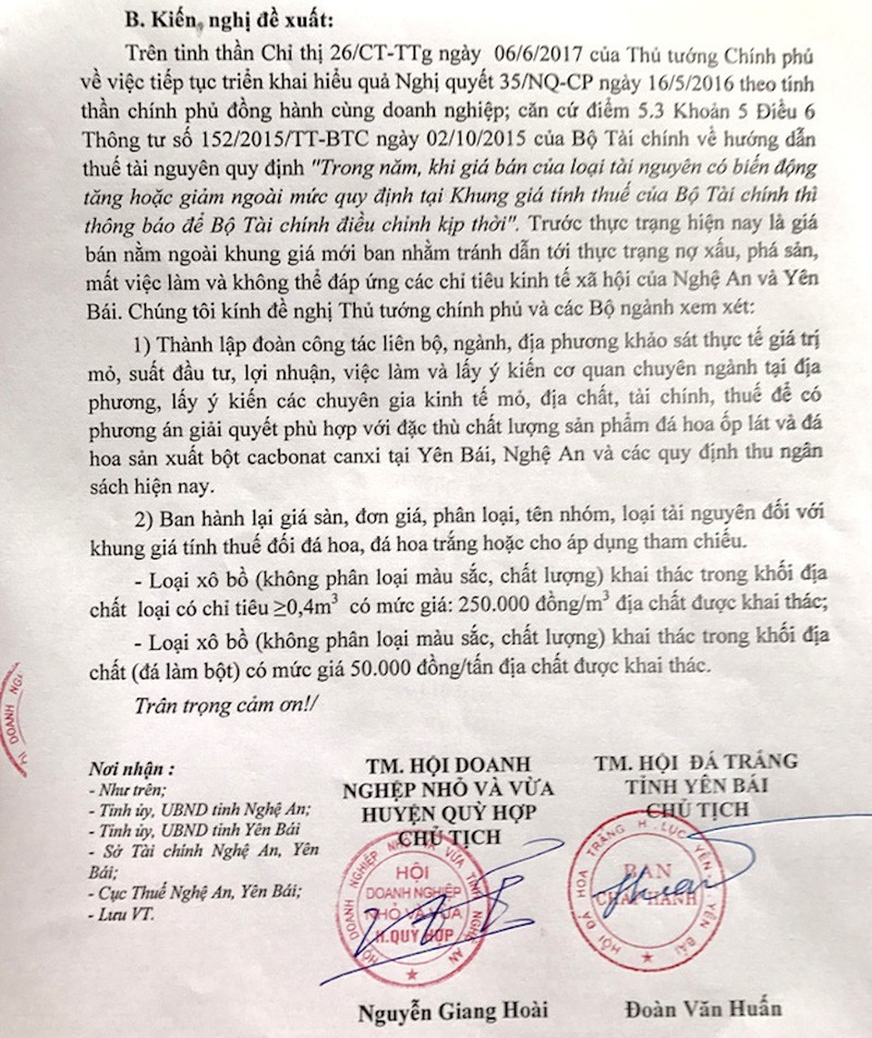 Áp thuế theo Thông tư 44, UBND tỉnh Nghệ An gửi văn bản đề nghị Bộ Tài chính xem xét! - 1 Trước thực trạng hiện nay là giá bán nằm ngoài khung giá mới ban nhằm tránh dẫn tới thực trạng nợ xấu, phá sản, mất việc làm và không thể đáp ứng các chỉ tiêu kinh tế xã hội của Nghệ An và Yên Bái. Chúng tôi kính đề nghị Thủ tướng Chính phủ và các Bộ ngành xem xét..., ông Nguyễn Giang Hoài - Chủ tịch Hội doanh nghiệp vừa và nhở huyện Quỳ Hợp cho biết.