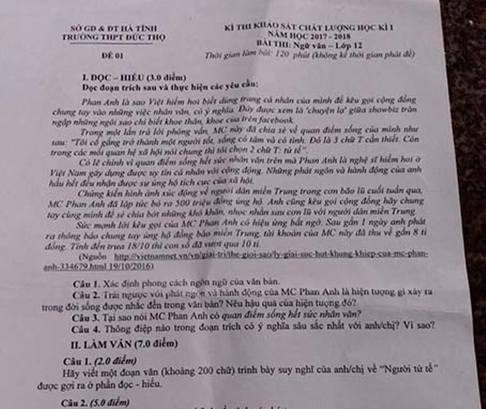 Học sinh thích thú khi MC Phan Anh vào đề thi Văn lớp 12 - 2
Đề thi môn Ngữ Văn, kì thi khảo sát chất lượng học kỳ 1 của lớp 12 Trường THPT Đức Thọ.