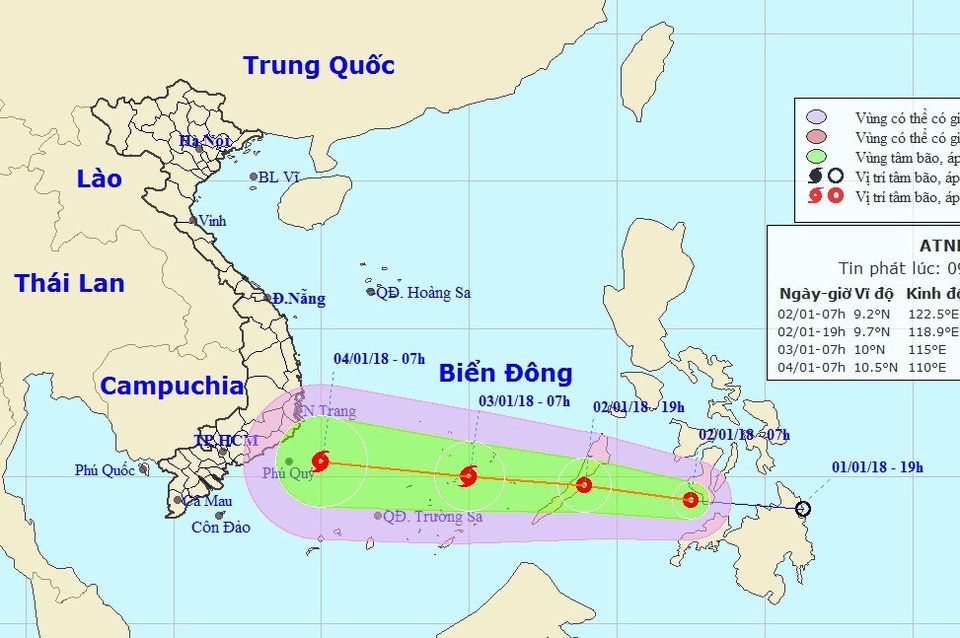 Vị trí và hướng di chuyển của áp thấp nhiệt đới. (Ảnh: NCHMF).