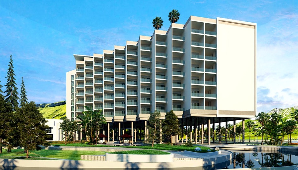 Khối khách sạn cao 8 tầng với diện tích sàn hơn 3.780m2 sàn, cao 35,6m, khoảng 195 phòng tiêu chuẩn 4 sao, 27 biệt thự và hơn 100 Bungalow các loại