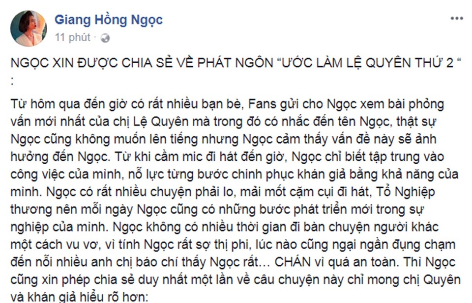 Giang Hồng Ngọc lên tiếng khi bị hiểu nhầm về phát ngôn “Muốn làm Lệ Quyên thứ 2” - 1 Chia sẻ của Giang Hồng Ngọc trên trang cá nhân. Ngay dưới dòng chia sẻ của nữ ca sĩ, rất nhiều khán giả và đồng nghiệp đã lên tiếng ủng hộ cô.