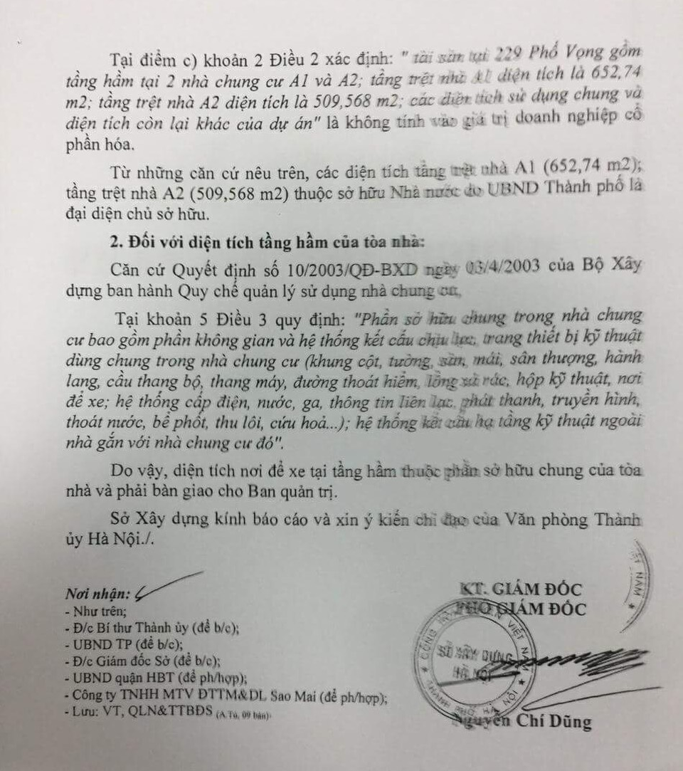 Cư dân 229 Phố Vọng kêu cứu: Sở Xây dựng Hà Nội kết luận 2 điểm mấu chốt! - 3
Sở Xây dựng Hà nội kết luận diện tích nơi để xe tại tầng hầm thuộc phần sở hữu chung của tòa nhà và phải bàn giao cho Ban Quản trị.