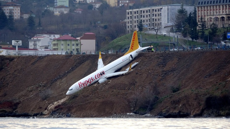 
Máy bay của hãng hàng không Pegasus Airlines trượt khỏi đường băng, suýt lao xuống biển. (Ảnh: Reuters)

