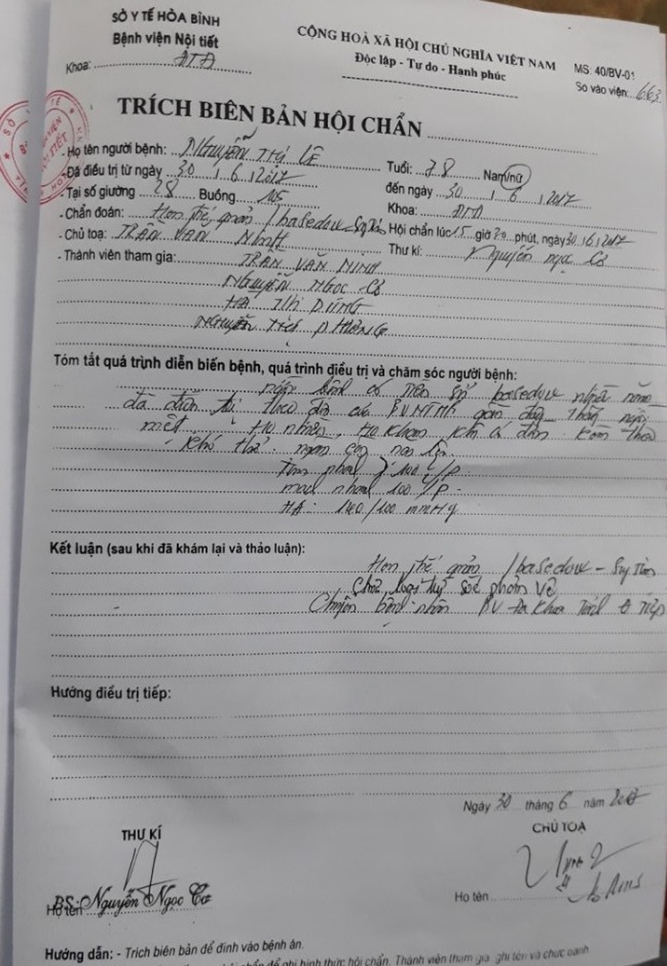 Đề nghị làm rõ nguyên nhân bệnh nhân tử vong tại Bệnh viện Nội tiết tỉnh Hoà Bình! - 2 Biên bản hội chẩn về bệnh tình bệnh nhân Nguyễn Thị Lê (30/6/2017).