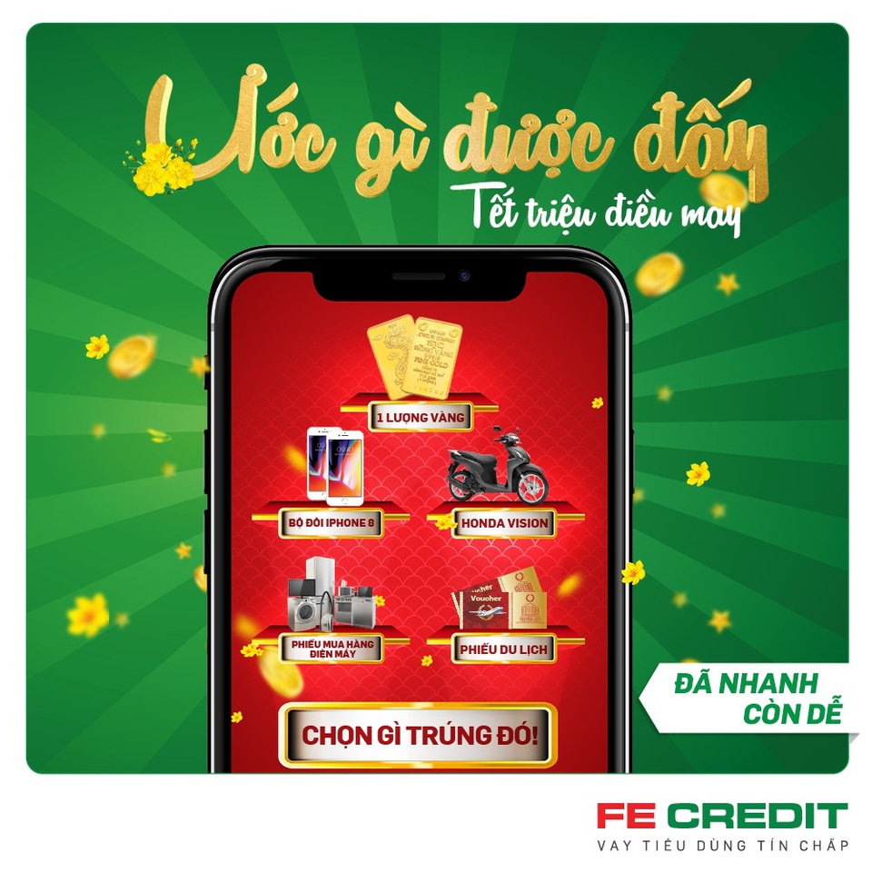 Đây là khuyến mại dành cho tất cả các khách hàng được duyệt vay hoặc mở thẻ tín dụng thành công và tải ứng dụng “FE CREDIT_TET VUI” trong suốt thời gian áp dụng chương trình. Theo đó, thông qua ứng dụng di động “FE CREDIT_TET VUI”, khách hàng chỉ cần thao tác đơn giản để chọn “điều ước” may mắn.