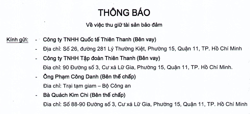 Sacombank thu hồi hàng loạt tài sản của vợ chồng ông Phạm Công Danh - 1 Một thông báo của Sacombank về việc thu hồi tài sản đảm bảo của vợ chồng ông Phạm Công Danh.