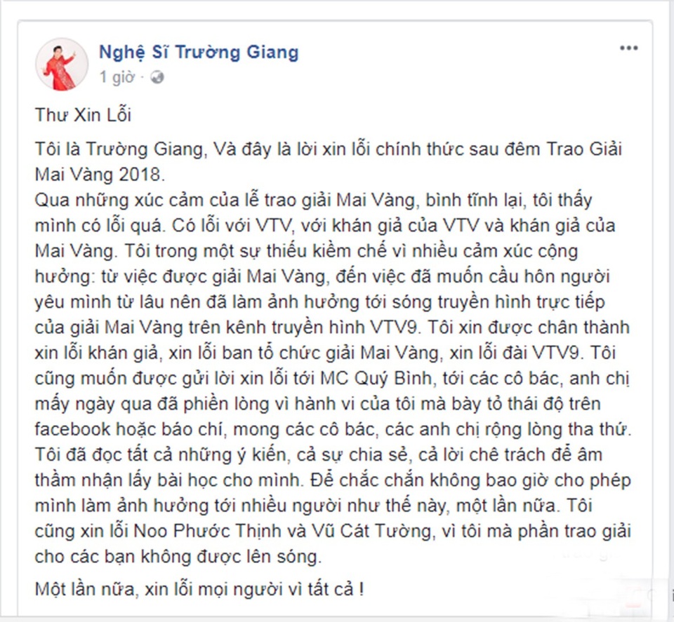 Trường Giang chính thức xin lỗi sau màn cầu hôn trên sóng trực tiếp - 1 Nam diễn viên Trường Giang chính thức xin lỗi trên trang chính thức của mình với những ai bị ảnh hưởng từ màn cướp sóng cầu hôn của mình với Nhã Phương.