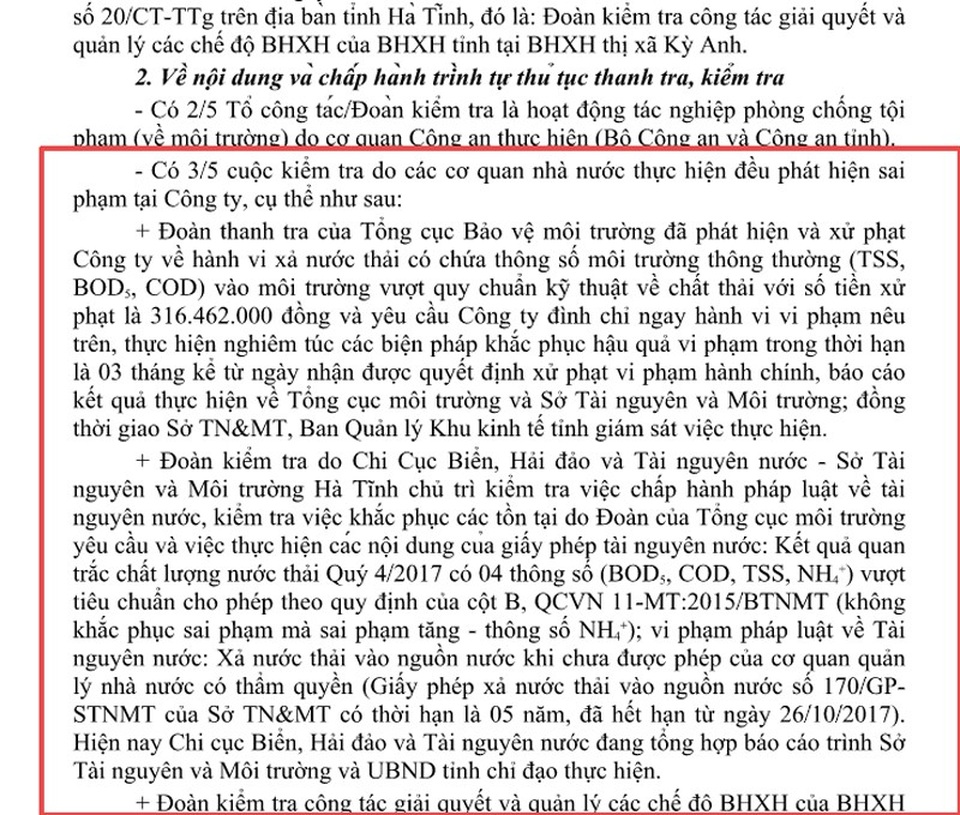 Vụ doanh nghiệp cầu cứu vì "bội thực" thanh tra: Doanh nghiệp nhiều sai phạm? - 2
Nhiều sai phạm của Công ty Thủy sản Hà Tĩnh được Thanh tra Hà Tĩnh tổng hợp từ các đoàn thanh kiểm tra báo cáo UBND tỉnh Hà Tĩnh.