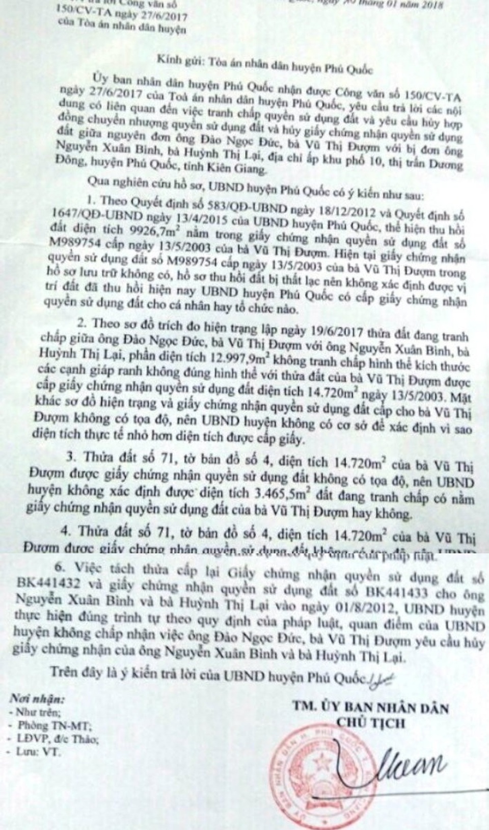 Kiên Giang: Chủ tịch huyện trả lời thất lạc hồ sơ, không biết vì sao dân mất đất? - 2 Đến ngày 10/01/2018, Chủ tịch UBND huyện Phú Quốc trả lời: Do hố sơ lưu trữ không còn nên biết vì sao diện tích đất của bà Đượm thực tế nhỏ hơn trong giấy?