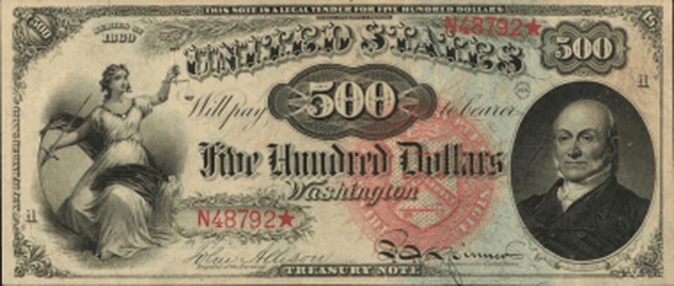 Tờ tiền giấy có mệnh giá 500 USD in chân dung của Tổng thống thứ 6 của Hoa Kỳ John Quincy Adams. Tờ tiền giấy có mệnh giá 500 USD in chân dung của Tổng thống thứ 6 của Hoa Kỳ John Quincy Adams.
