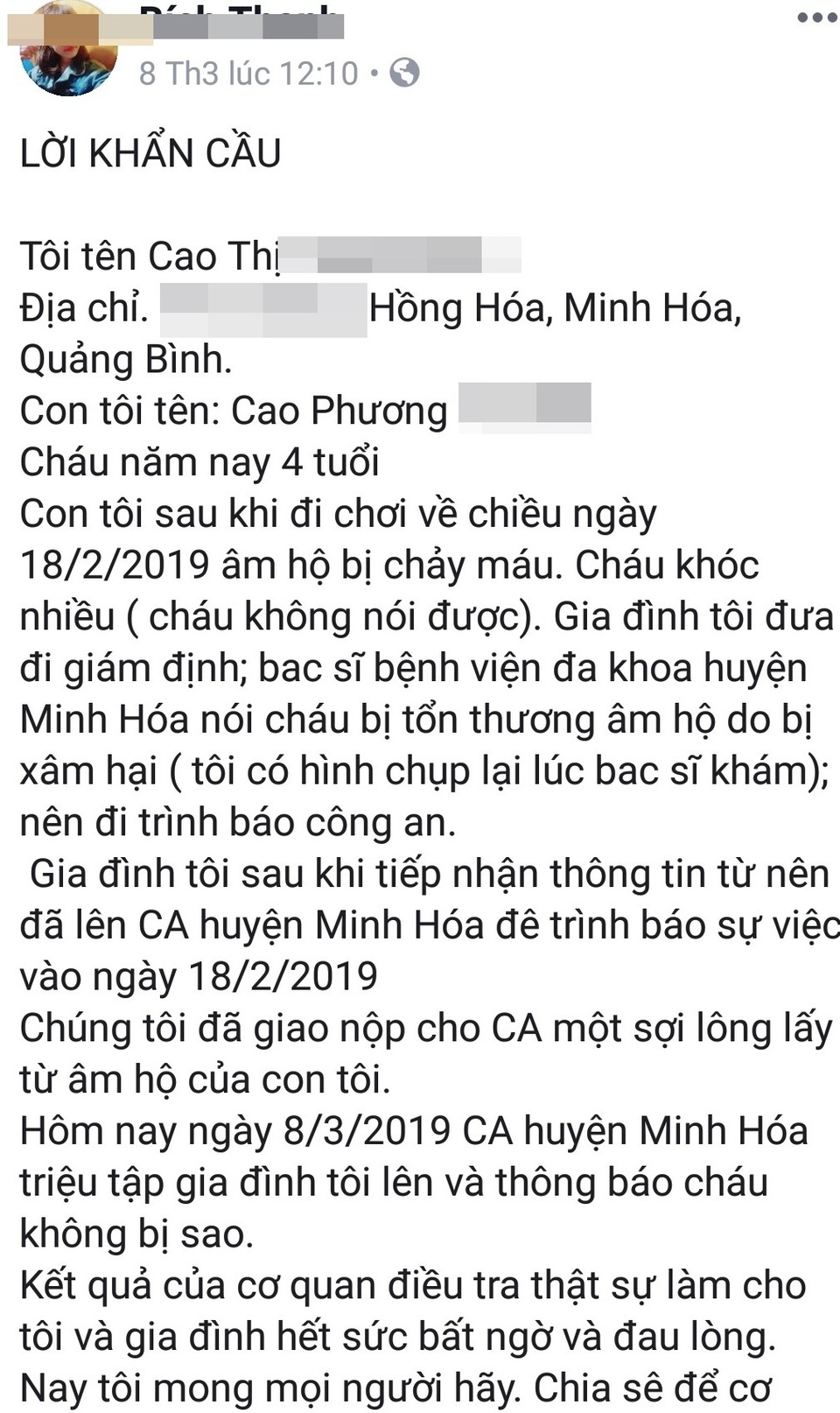 Mẹ trẻ lên Facebook cầu cứu vì nghi con gái 4 tuổi bị xâm hại - 1 Mẹ trẻ lên Facebook cầu cứu vì nghi con gái 4 tuổi bị xâm hại - 1