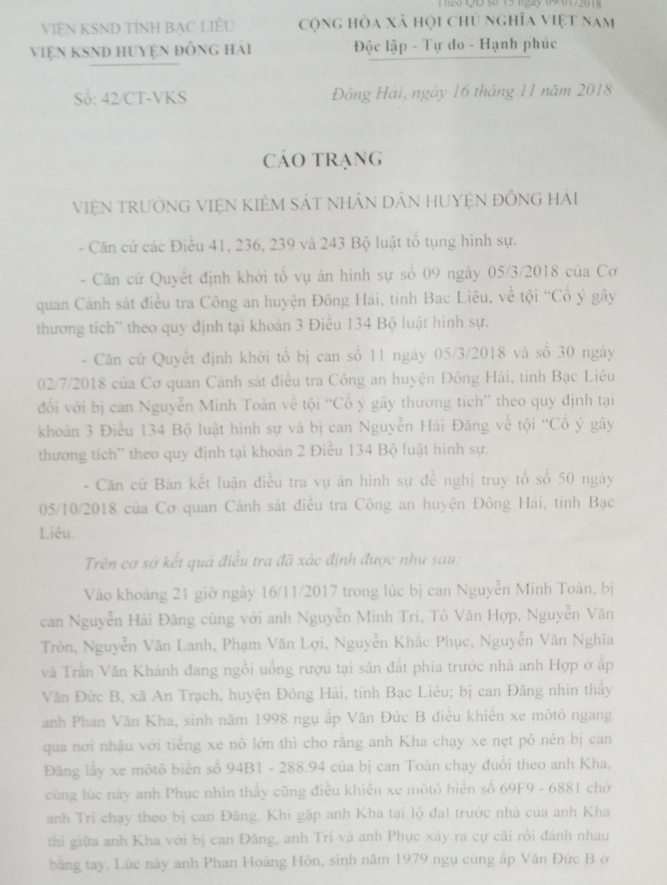 Trả hồ sơ vụ “cố ý gây thương tích” còn nhiều mâu thuẫn tại Bạc Liêu - 1 Trả hồ sơ vụ “cố ý gây thương tích” còn nhiều mâu thuẫn tại Bạc Liêu - 1