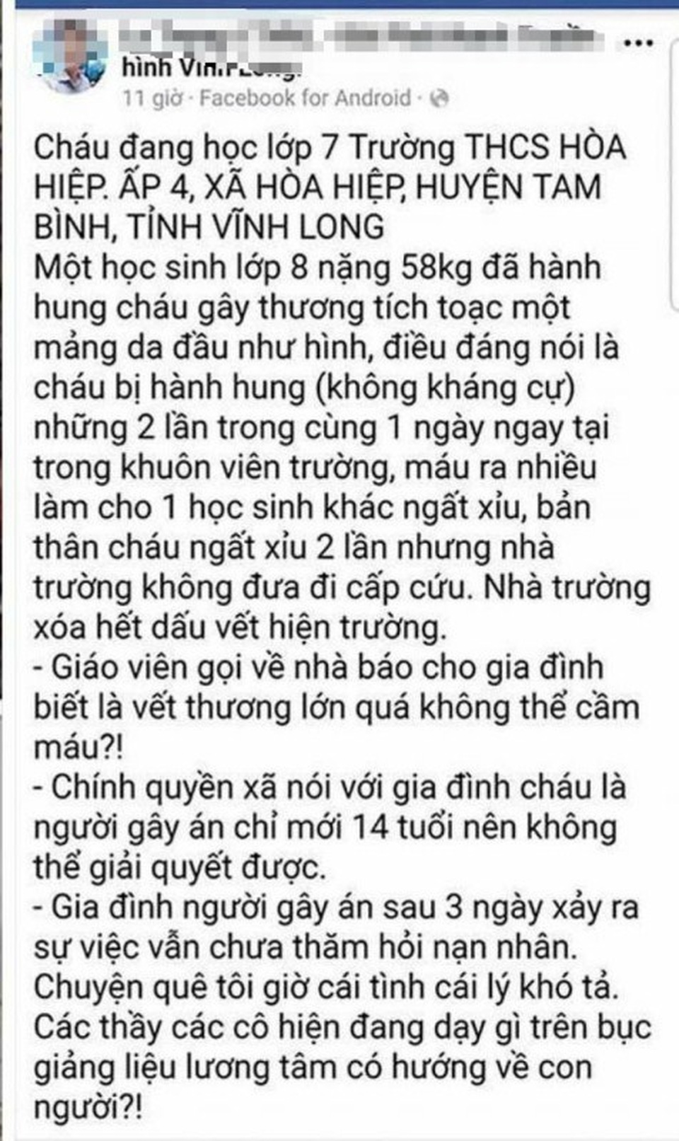 Vĩnh Long: Xác minh thông tin nhà trường bỏ mặc học sinh bị bạn đánh chảy máu - 1 Vĩnh Long: Xác minh thông tin nhà trường bỏ mặc học sinh bị bạn đánh chảy máu - 1