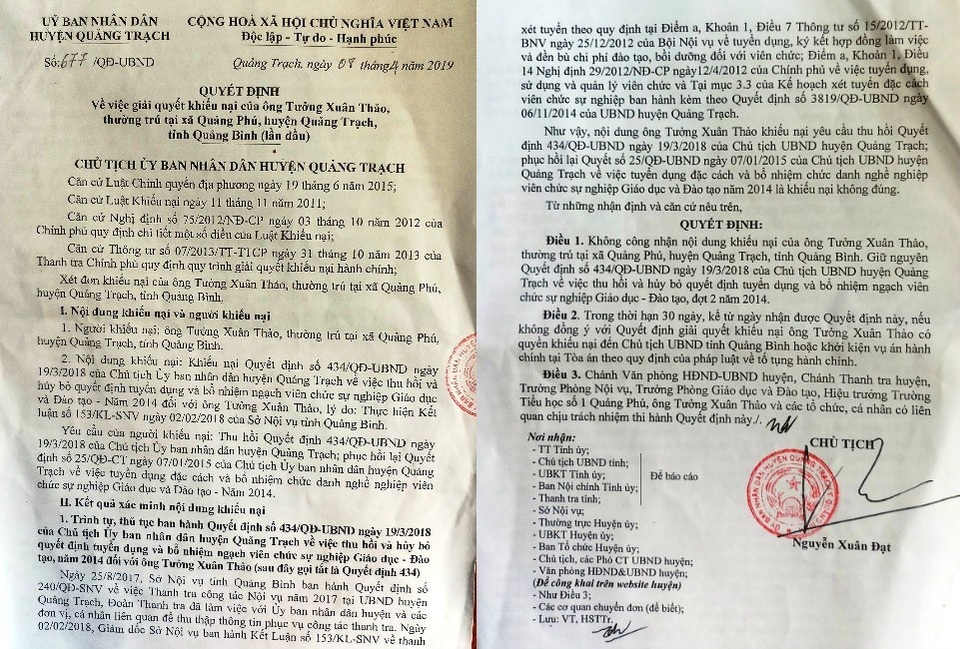 Quảng Bình: Hủy quyết định tuyển dụng viên chức với 6 giáo viên khai man hồ sơ - 2 Quảng Bình: Hủy quyết định tuyển dụng viên chức với 6 giáo viên khai man hồ sơ - 2