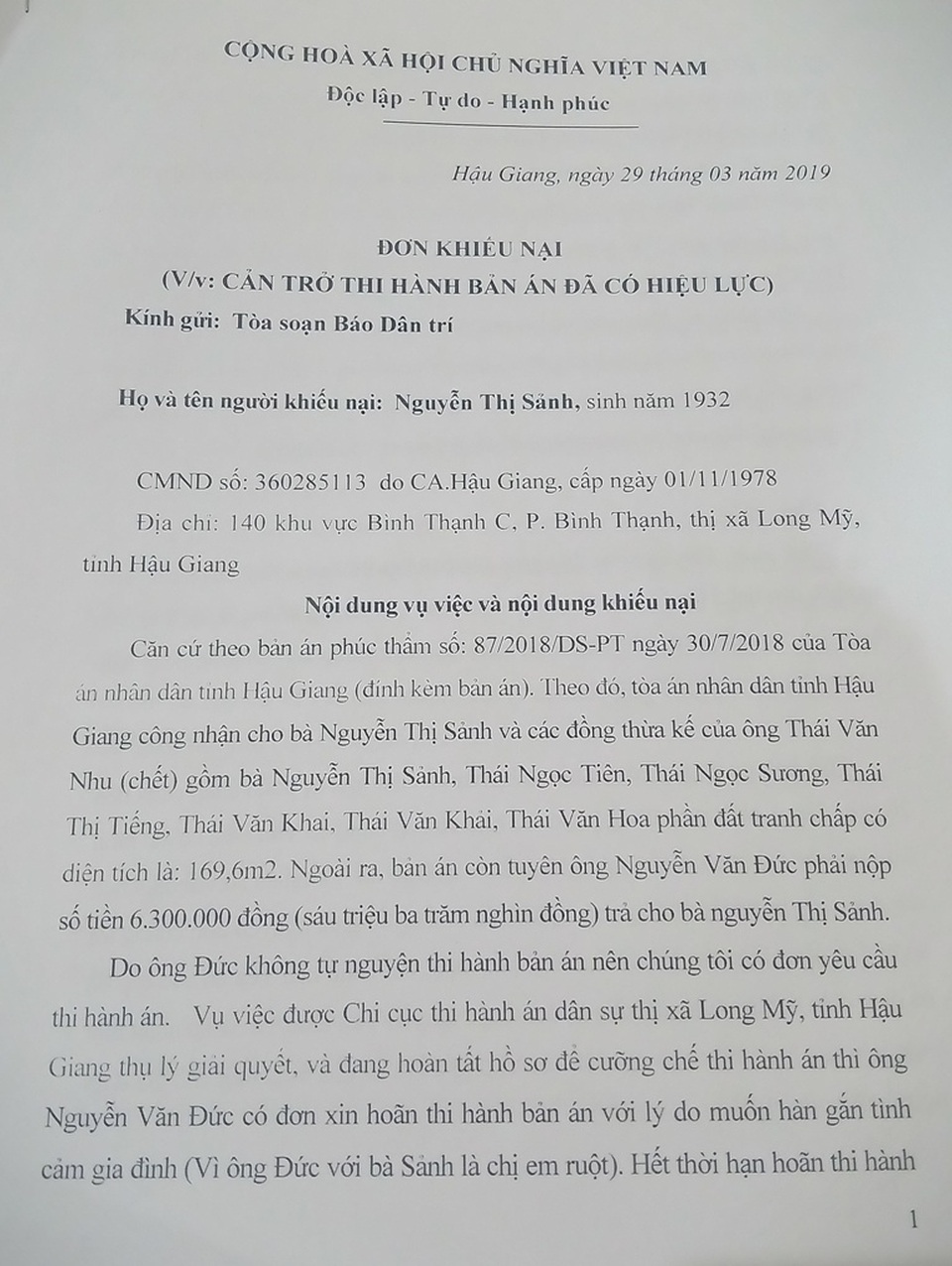 Hậu Giang: Vì sao khó thi hành một án tranh chấp đất chỉ có giá hơn 13 triệu đồng? - 4 Hậu Giang: Vì sao khó thi hành một án tranh chấp đất chỉ có giá hơn 13 triệu đồng? - 4