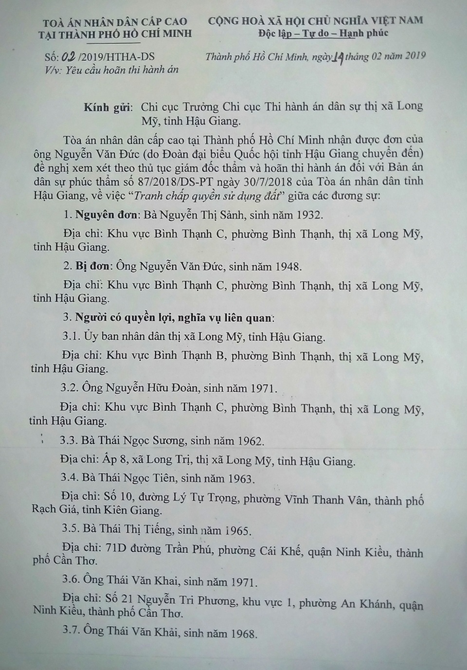 Hậu Giang: Vì sao khó thi hành một án tranh chấp đất chỉ có giá hơn 13 triệu đồng? - 3 Hậu Giang: Vì sao khó thi hành một án tranh chấp đất chỉ có giá hơn 13 triệu đồng? - 3