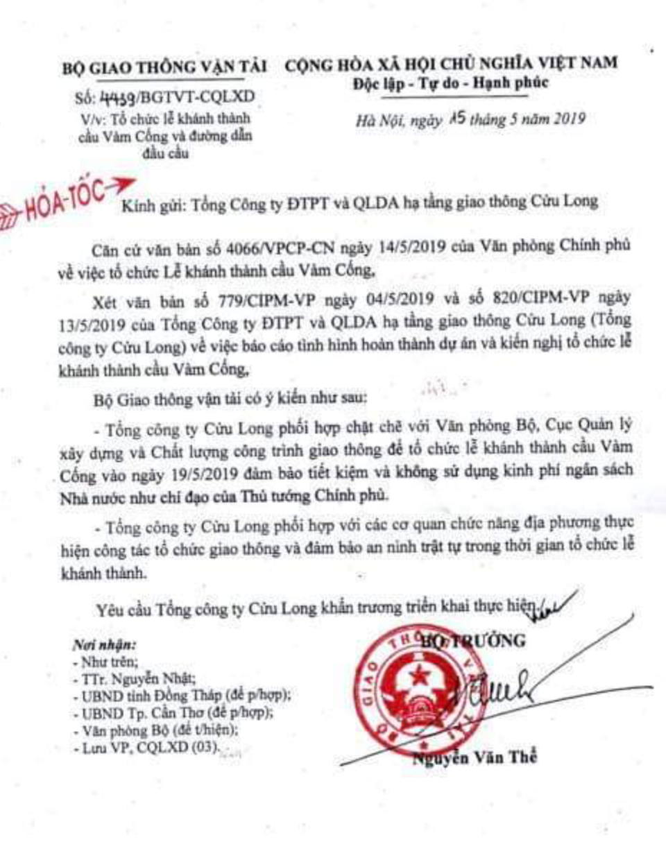 Bộ GTVT chỉ đạo không dùng ngân sách trong lễ khánh thành cầu Vàm Cống - 1 Bộ GTVT chỉ đạo không dùng ngân sách trong lễ khánh thành cầu Vàm Cống - 1