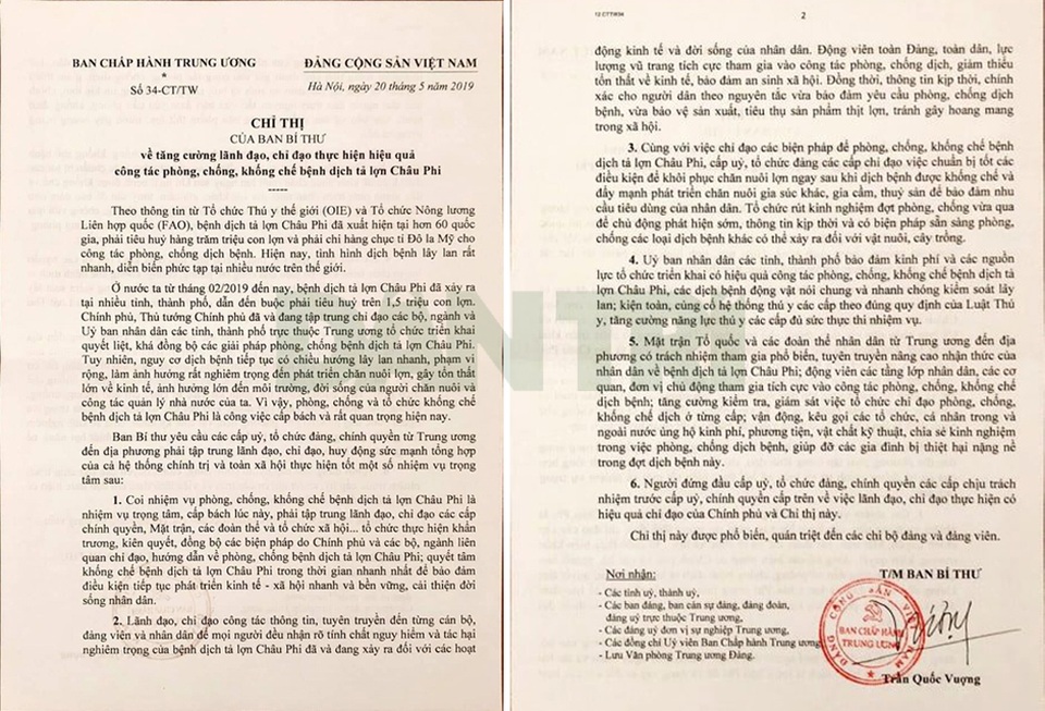 Ban Bí Thư ban hành chỉ thị tăng cường phòng, chống dịch tả lợn châu Phi - 1 Ban Bí Thư ban hành chỉ thị tăng cường phòng, chống dịch tả lợn châu Phi - 1