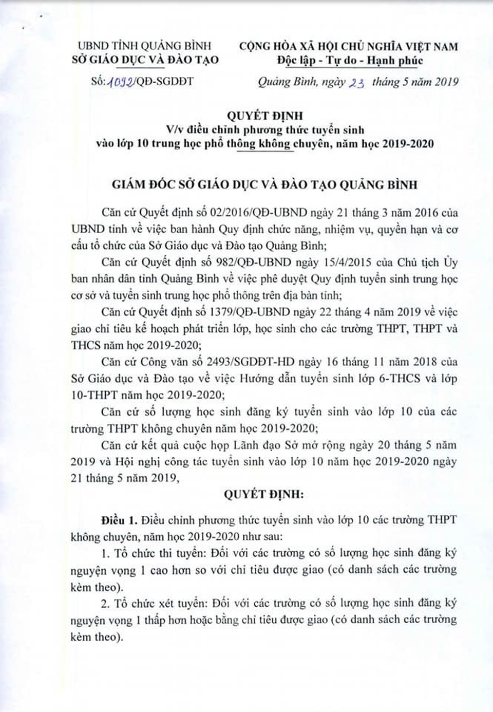 Quảng Bình điều chỉnh phương án tuyển sinh vào lớp 10 năm học 2019 - 2020 - 1