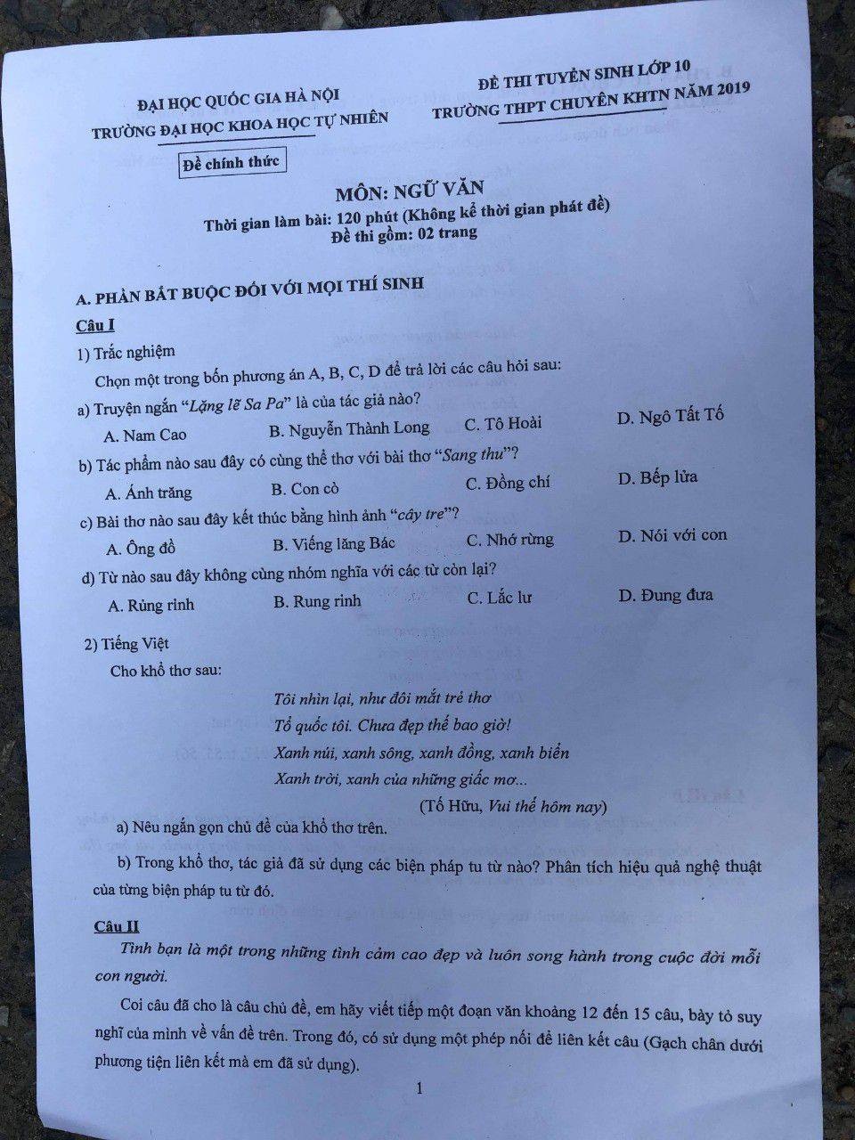 Tình bạn cao đẹp vào đề thi Văn lớp 10 trường chuyên Khoa học tự nhiên - 1 Tình bạn cao đẹp vào đề thi Văn lớp 10 trường chuyên Khoa học tự nhiên - 1