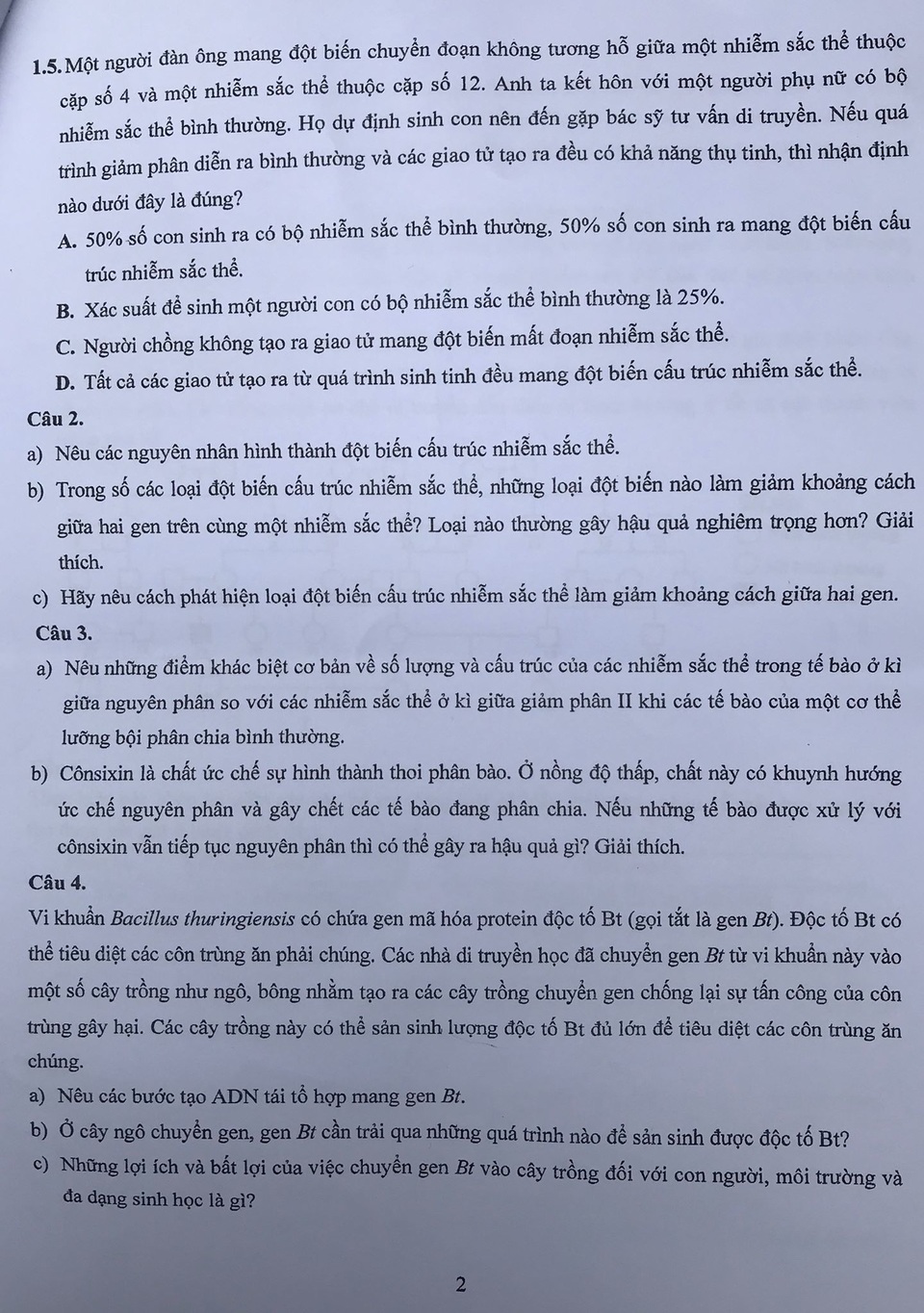 Đề thi Sinh học vào lớp 10 THPT chuyên KHTN dài, phân hóa cao - 3 Đề thi Sinh học vào lớp 10 THPT chuyên KHTN dài, phân hóa cao - 3